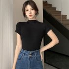 Women Summer Short Sleeves T-shirt Sexy Mock Neck Bottoming Blouse Slim Fit Solid Color Pullover Tops black XXL