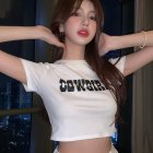Women Summer Short Sleeves T-shirt Retro Letter Printing Blouse Sexy Slim Fit High Waist Crop Tops White L
