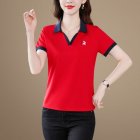 Women Summer Sports Shirt Contrast Color Short Sleeve Basic Tops Casual Bottoming Shirt red L