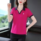 Women Summer Sports Shirt Contrast Color Short Sleeve Basic Tops Casual Bottoming Shirt rose red 2XL