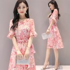 Women Summer Tight Waist Flare Sleeve Floral Printing Lacing Dress Pink_M