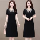 Women Summer Vintage Dress Retro Hepburn Style Lapel Short Sleeve High Waist Dress black 2XL