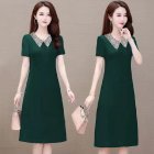 Women Summer Vintage Dress Retro Hepburn Style Lapel Short Sleeve High Waist Dress green M