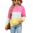 Women Sweatshirt Long Sleeve Round Neck Pullovers Trendy Contrast Color Tie Dye Loose Casual Tops pink yellow L