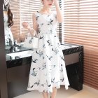Women Tank Dress Elegant Printing Round Neck Sleeveless Midi Skirt Casual Large Swing Dress White L