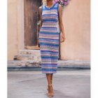 Women Tank Dress Fashion Stripe Contrast Color Knitted Long Skirt Slim Fit Sleeveless Sundresses blue S
