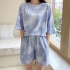 Women Tie-dye Short-sleeve Suit Round Neck Loose Top Shorts Two-piece Set Casual Outfits With Pockets blue XXL