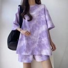 Women Tie-dye Short-sleeve Suit Round Neck Loose Top Shorts Two-piece Set Casual Outfits With Pockets Purple M