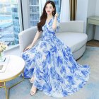 Women V Neck Short Sleeves Dress Summer Sweet Floral Printing A-line Skirt Trendy Slimming Pullover Dress blue 2XL