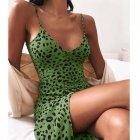 Women V-neck Dress Sexy Spaghetti Strap Leopard Print A-line Skirt Summer High Waist Sleeveless Mid Skirt green L