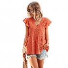 Women V-neck Short Sleeve Blouse Summer Casual Loose Hollow-out Shirt Simple Elegant Solid Color Tops orange M