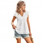 Women V-neck Short Sleeve Blouse Summer Casual Loose Hollow-out Shirt Simple Elegant Solid Color Tops White M