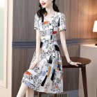 Women V-neck Short Sleeves Dress Elegant Printing High Waist Lace-up Midi Skirt Casual Large Size A-line Skirt As shown M