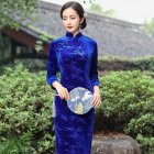 Women Velvet Cheongsam Dress Stylish Slim Fit Large Size Long Skirt Elegant Stand Collar High Slit Dress T0072-3 sapphire blue M