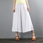 Women Wide-leg Cropped Pants Summer High Waist Retro Solid Color Loose Casual Cotton Linen Pants White L