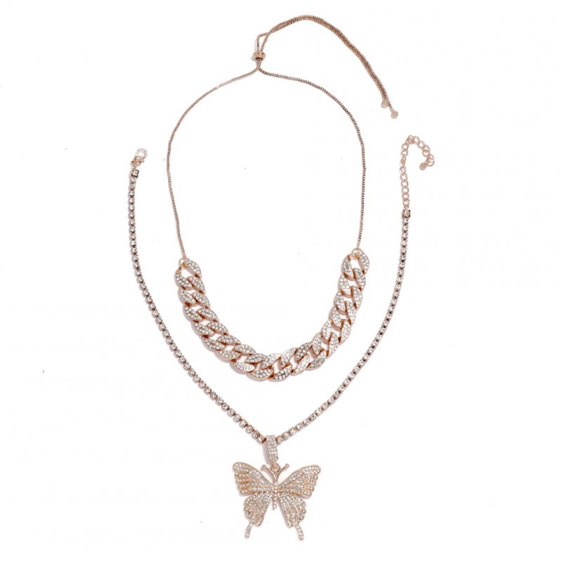 Women's Necklace Hip Hop Style Diamond-mounted Double-deck Chain Butterfly-shape Necklace Golden
