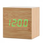 Wooden Digital Alarm Clock LED Light Multifunctional Modern Cube Displays Date Temperature for Home Office Bamboo wood green word