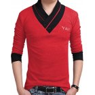 [US Direct] Yong Horse Men's Slim Fit Button V-Neck Casual Long Sleeve T Shirts Fall Tops Red + black_XXL