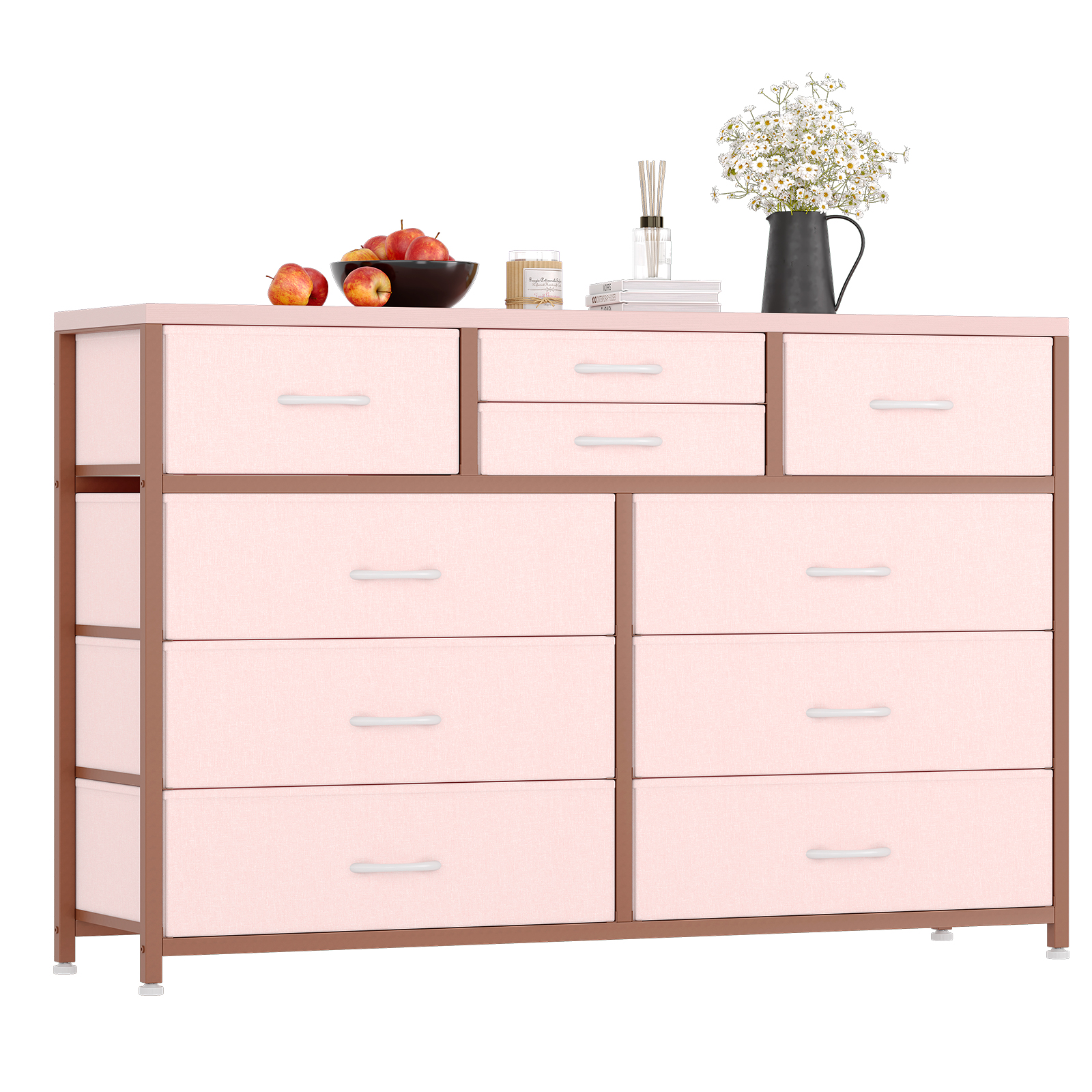 US GARVEE Wide 10 Drawer Dresser,TV Stand Entertainment Center Fabric Storage Dressers Drawers for Bedroom, Hallway, Nursery, Closets, Steel Frame, Wood Top (Pink)