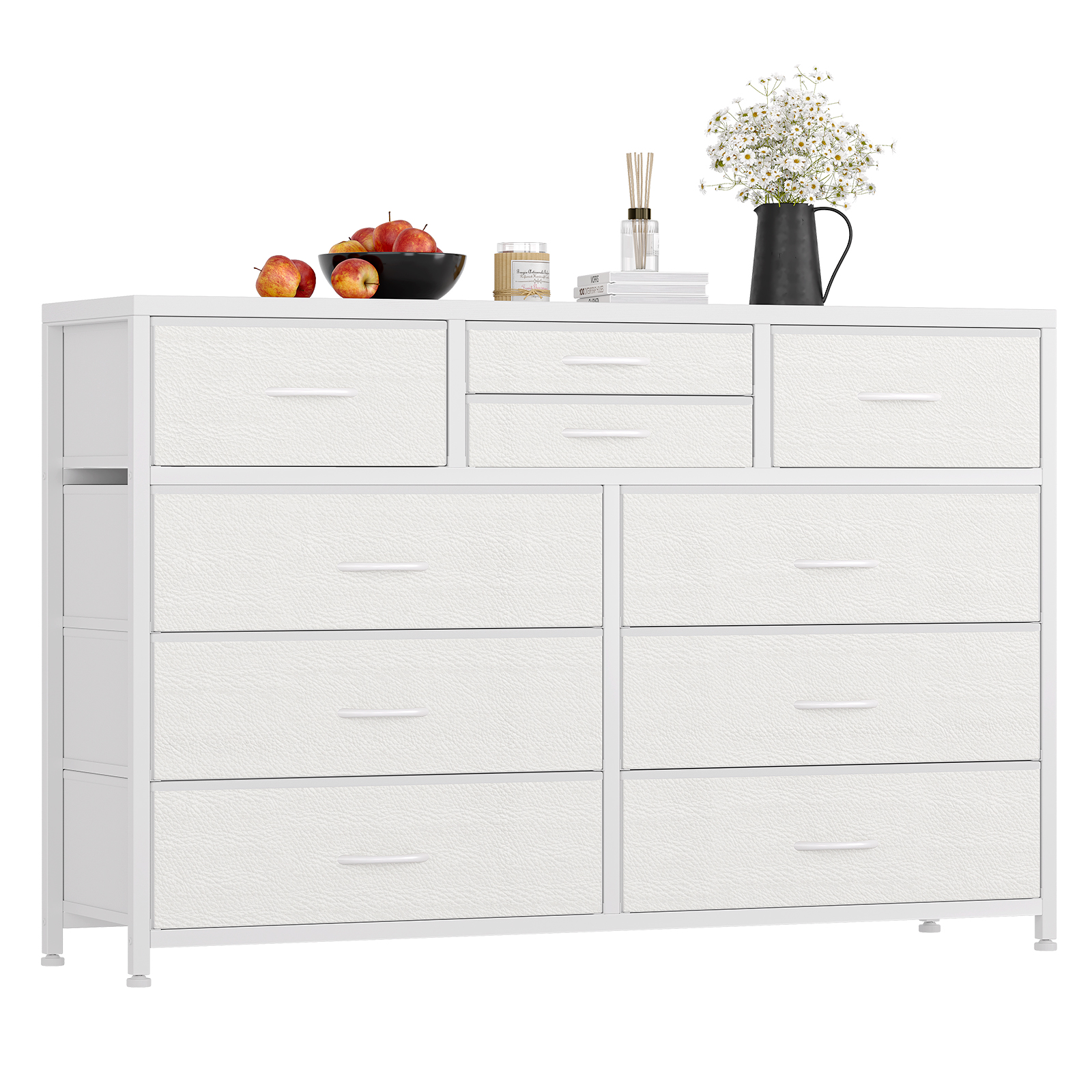 US GARVEE Wide 10 Drawer Dresser,TV Stand Entertainment Center Fabric Storage Dressers Drawers for Bedroom, Hallway, Nursery, Closets, Steel Frame, Wood Top (White)