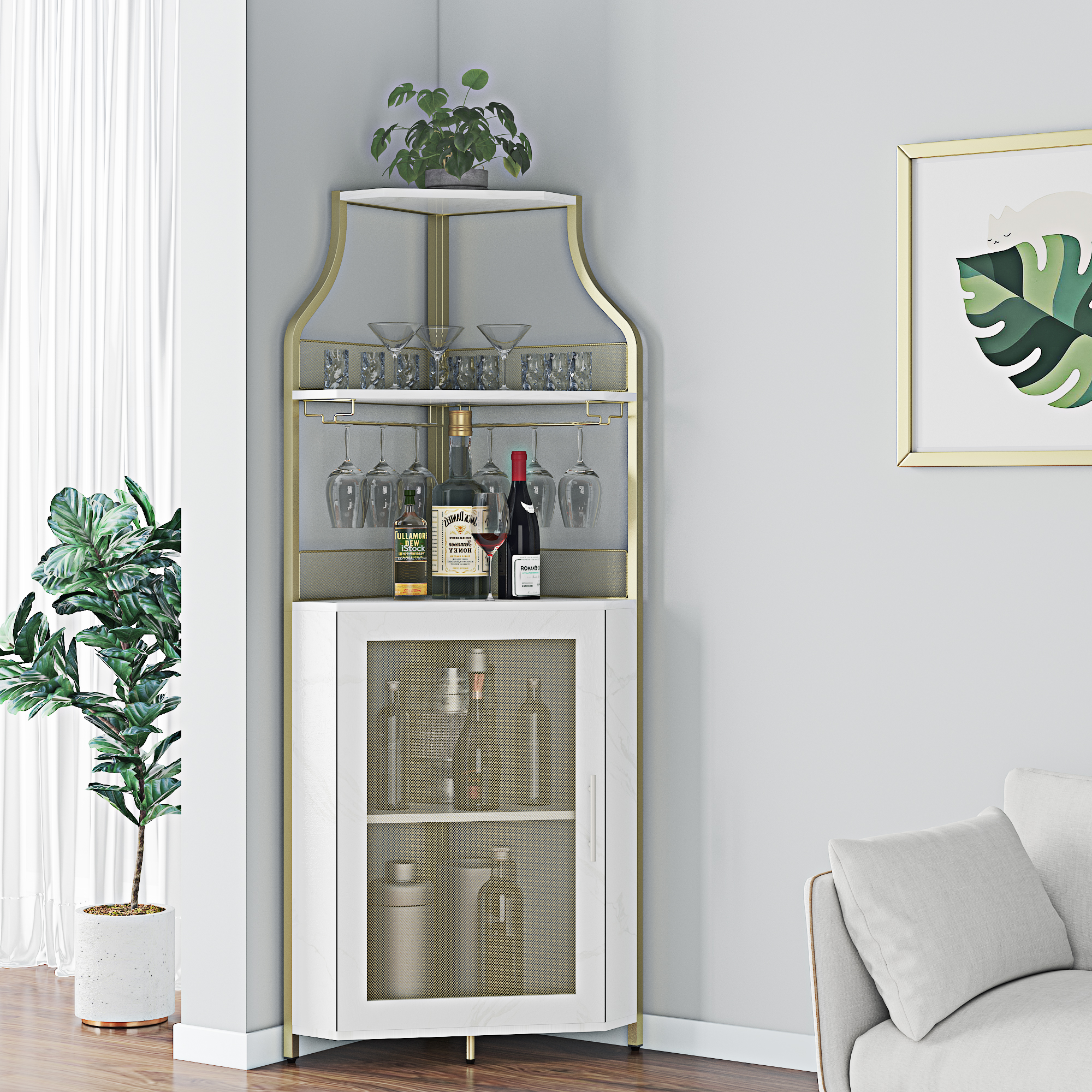 US GARVEE Industrial Corner Wine Cabinet, Removable Rack & Glass Holder - Gold