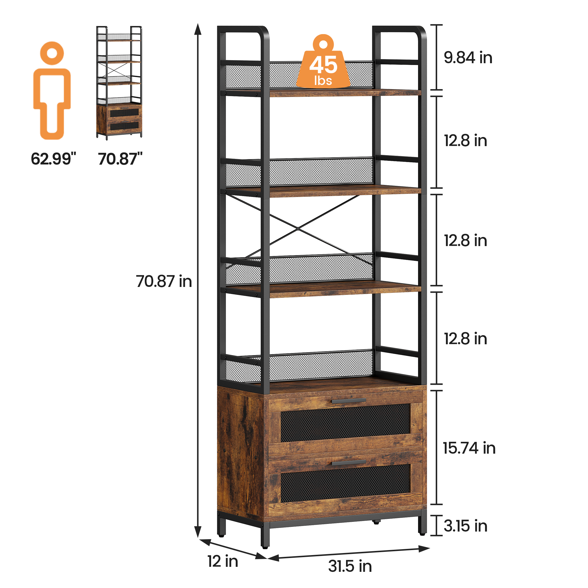 US GARVEE Bookshelf with Drawers Industrial Bookcase with 4 Tiers Open Storage Shelves Rustic Bookshelves 70.87