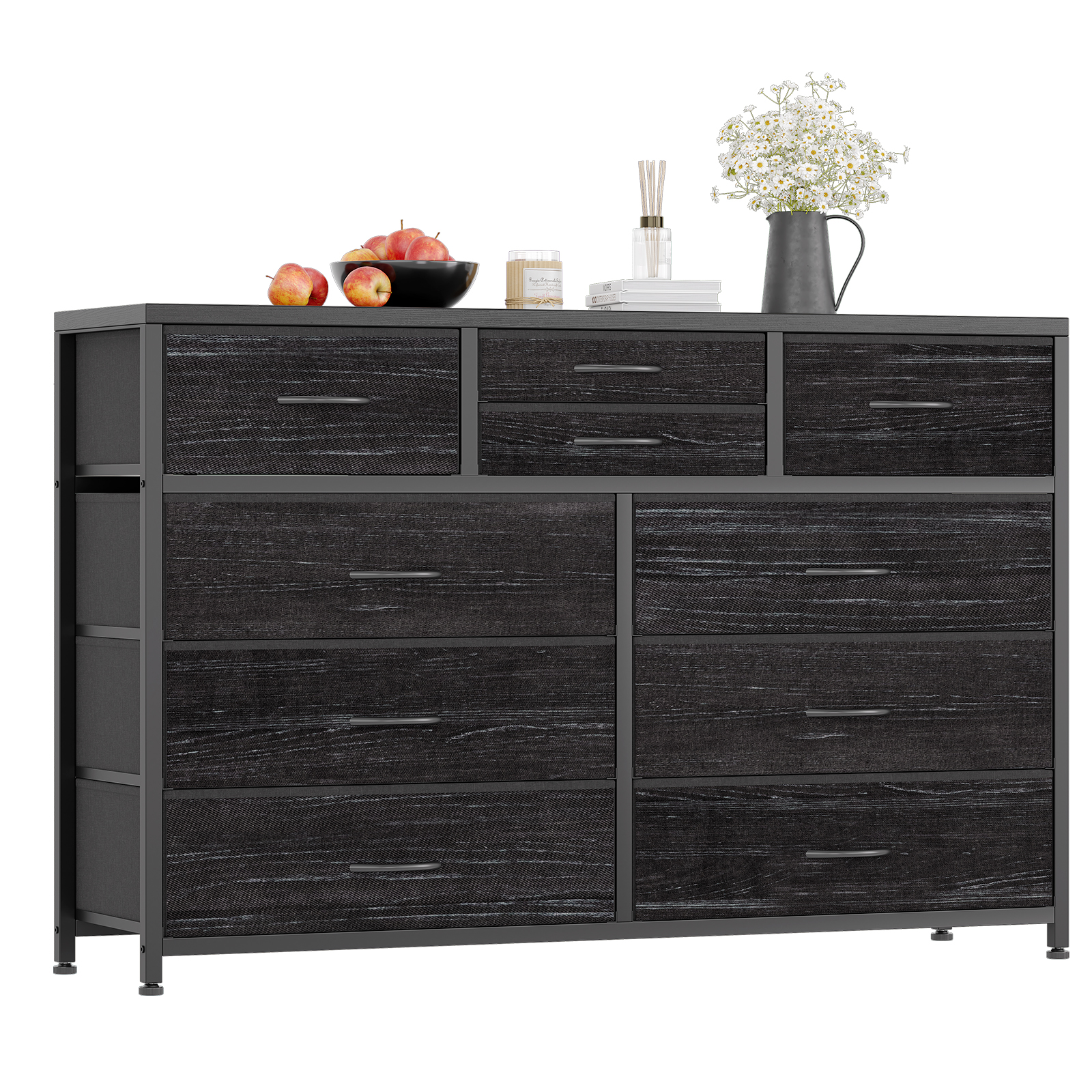 US GARVEE Wide 10 Drawer Dresser,TV Stand Entertainment Center Fabric Storage Dressers Drawers for Bedroom, Hallway, Nursery, Closets, Steel Frame, Wood Top, Black Willow