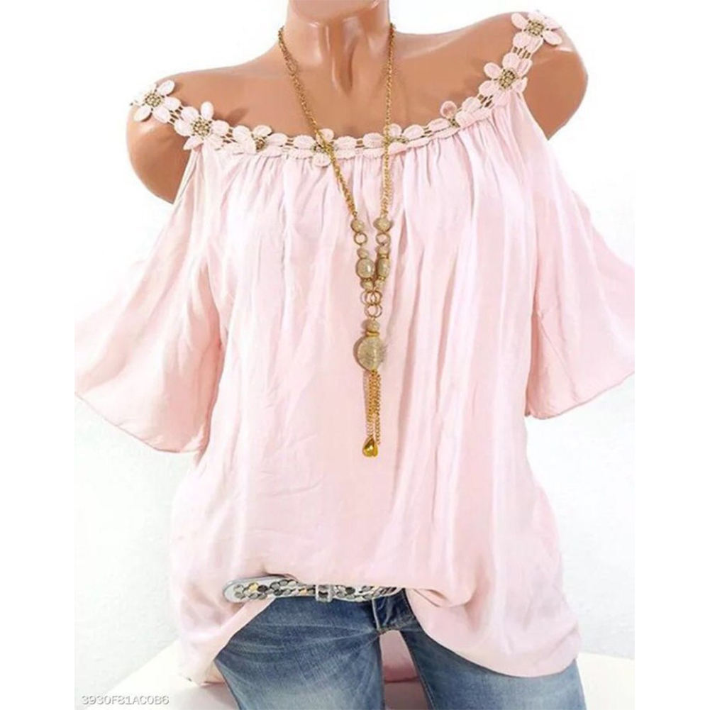 Women Fashion Sling Tops Off Shoulder Flower Solid Color Casual Shirts  Pink_2XL