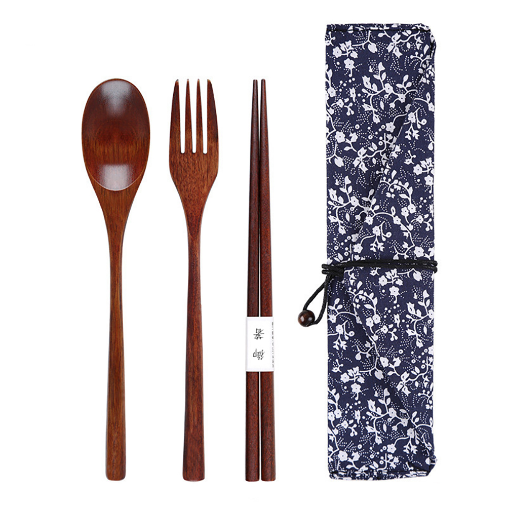 Wooden Tableware Cutlery Set Travel Including Long Handle Spoon Fork Chopsticks