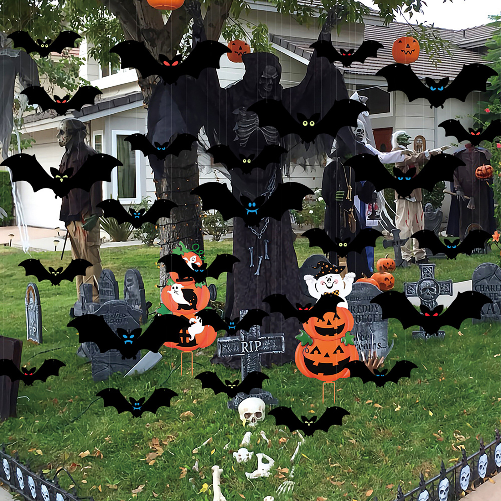 12pcs Halloween Luminous Bat Stickers Reusable Waterproof Wall Decor For Home Decor/indoor Party Decorations as shown