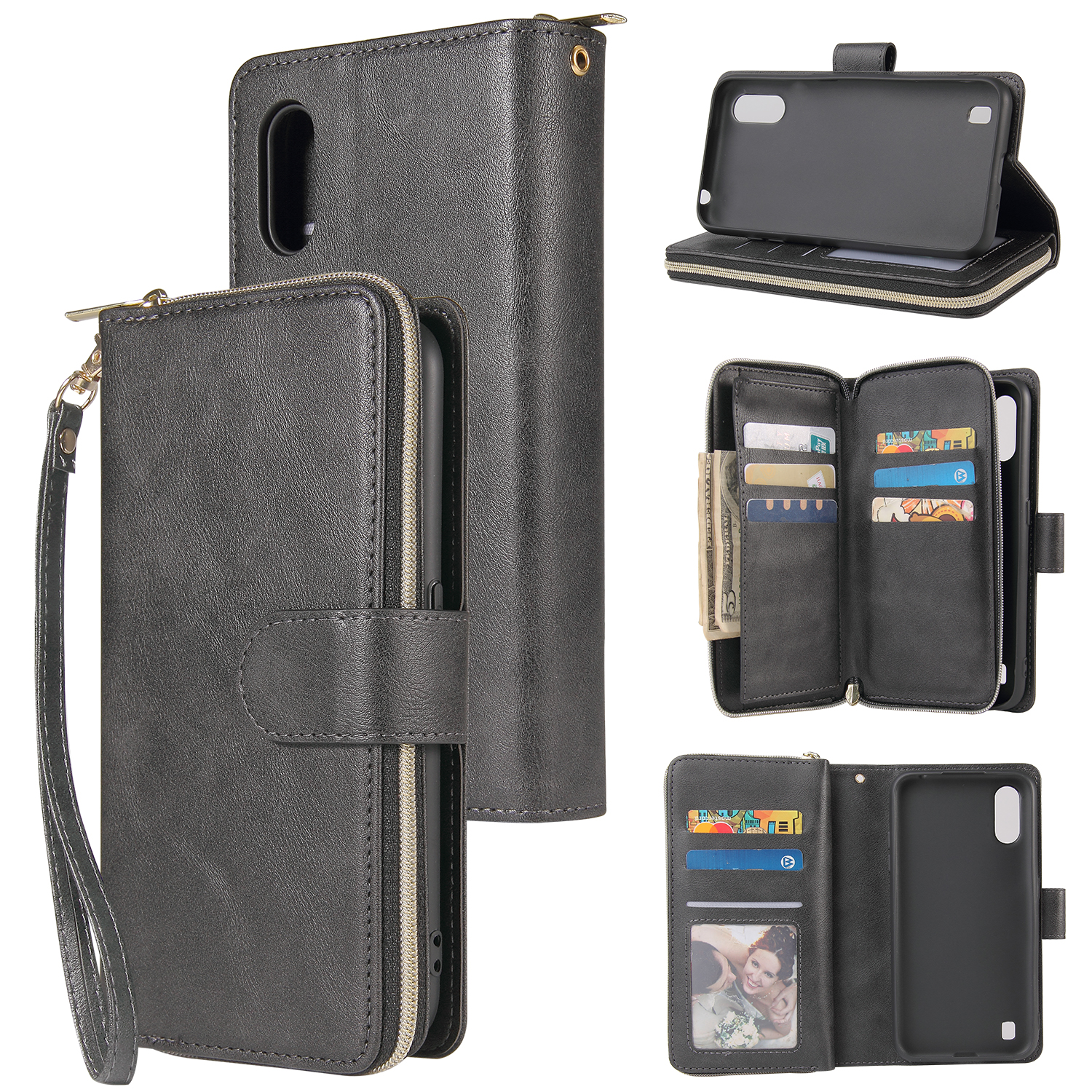 For Samsung A01/A21/A31/A41/A51 Pu Leather  Mobile Phone Cover Zipper Card Bag + Wrist Strap black