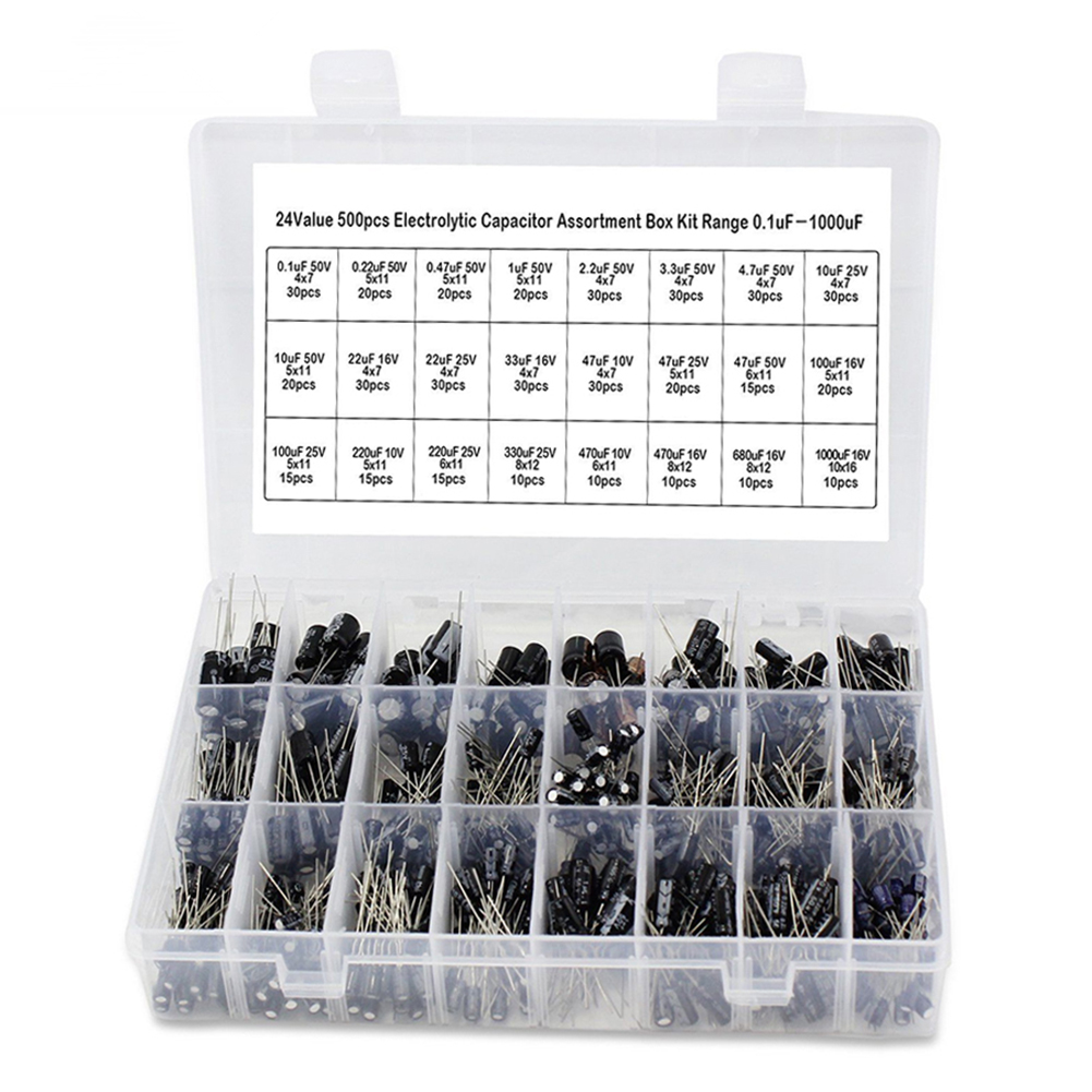 500pcs Electrolytic Capacitor with Box 24 Kinds Of 0.1uf-1000uf Low Frequency