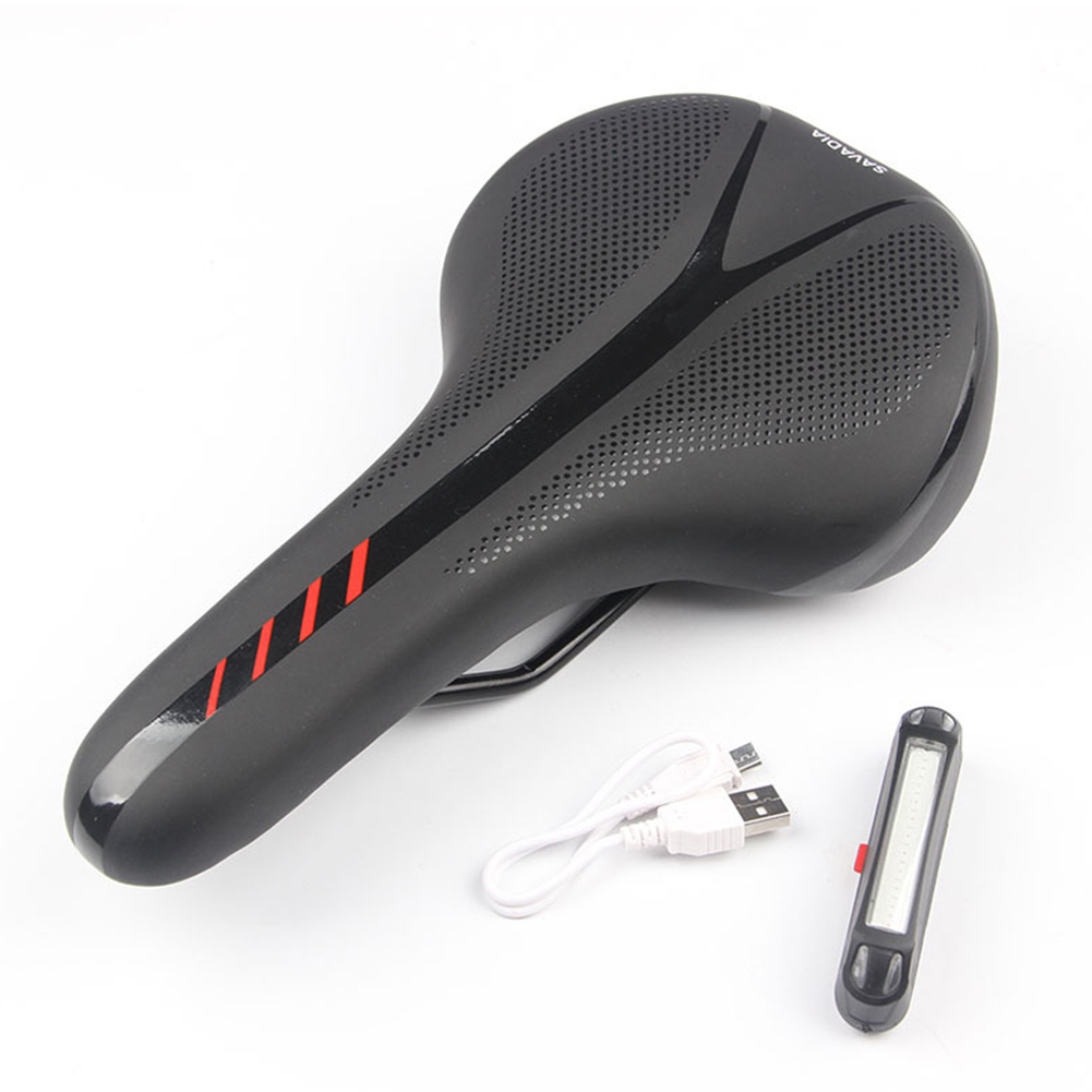 Mountain Bike Cushion with Light Bike Saddle Thicken Silicone Rear Lights Bike Seat Black red + red and blue tail light_270*144mm