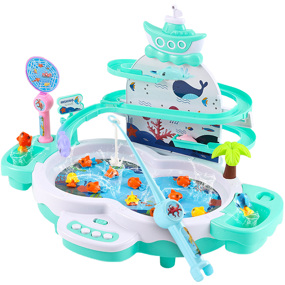 2 In 1 Electronic Fishing Game Toys With Sound Light USB Powered Maglev Track Fishing Pool Educational Toys For Kids Gifts Lake Green