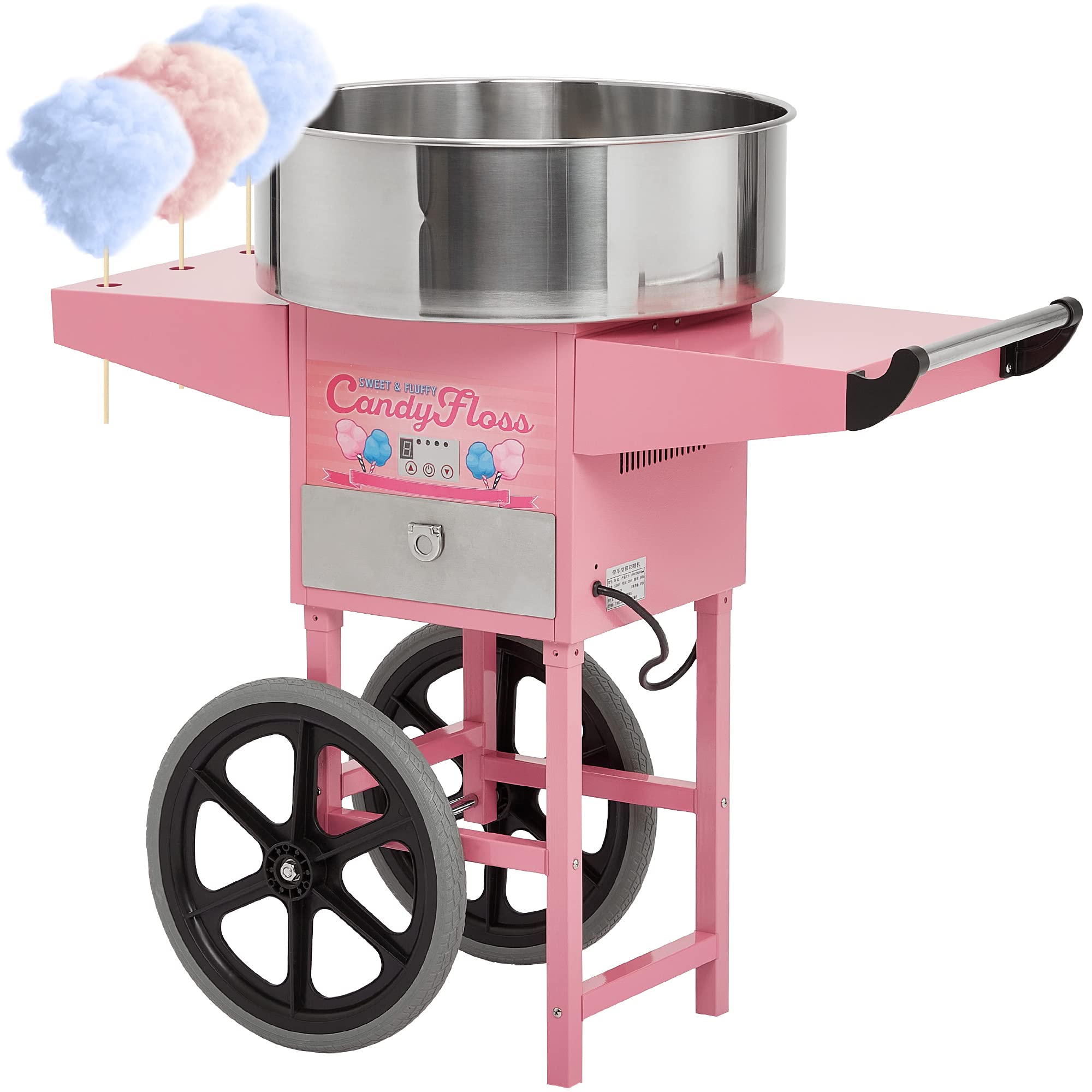 US GARVEE Cotton Candy Machine With Cart Electric Cotton Candy Maker With 20 inch Stainless Steel Bowl