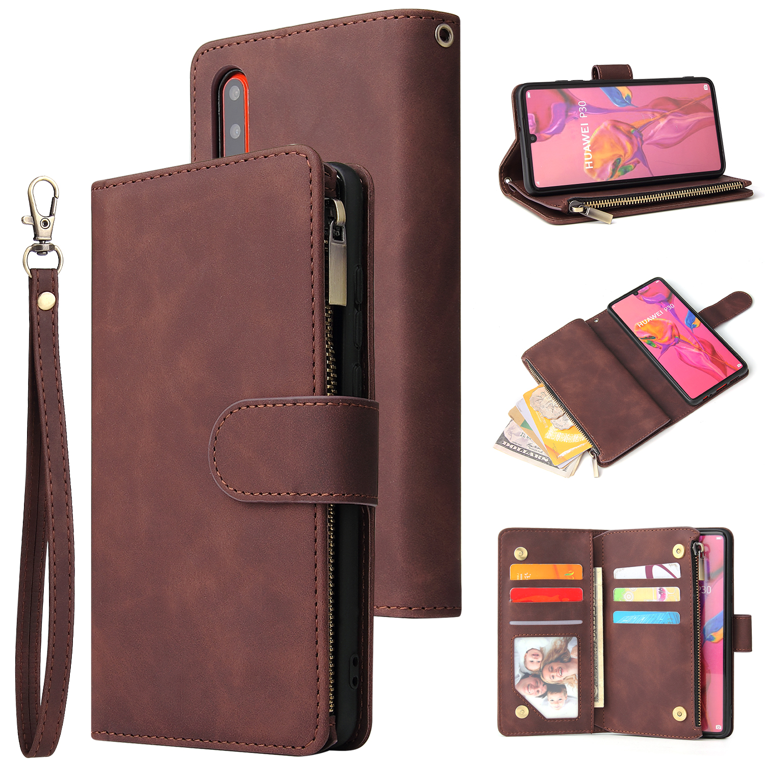 For HUAWEI P30 HUAWEI P30 lite HUAWEI P30 pro Multi-card Bracket Coin Wallet Zipper Mobile Phone PU Leather Phone Case  3 brown
