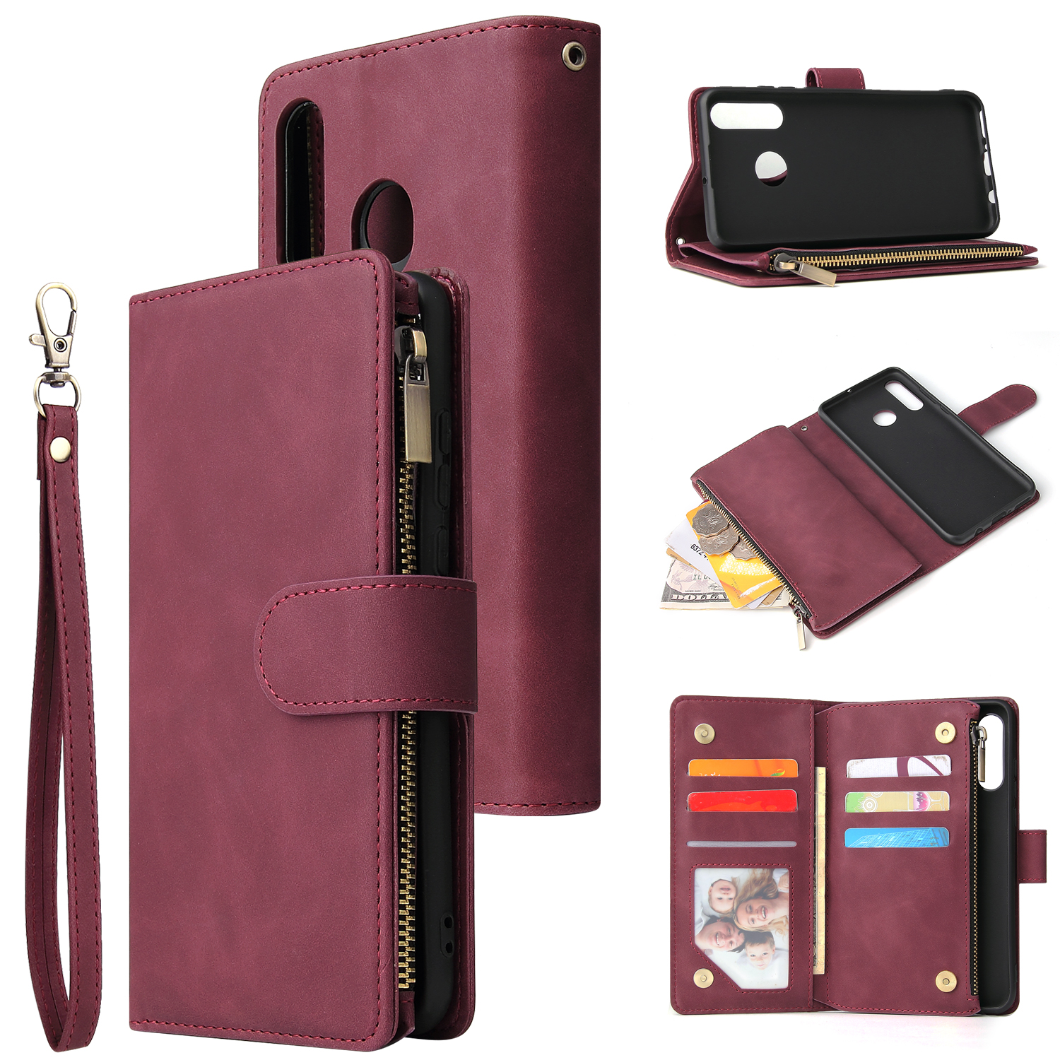 For HUAWEI P30 HUAWEI P30 lite HUAWEI P30 pro Multi-card Bracket Coin Wallet Zipper Mobile Phone PU Leather Phone Case  5 wine red
