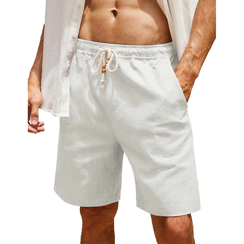 Men Cotton Linen Shorts With Pockets Large Size Casual Loose Breathable Straight Pants White 4XL