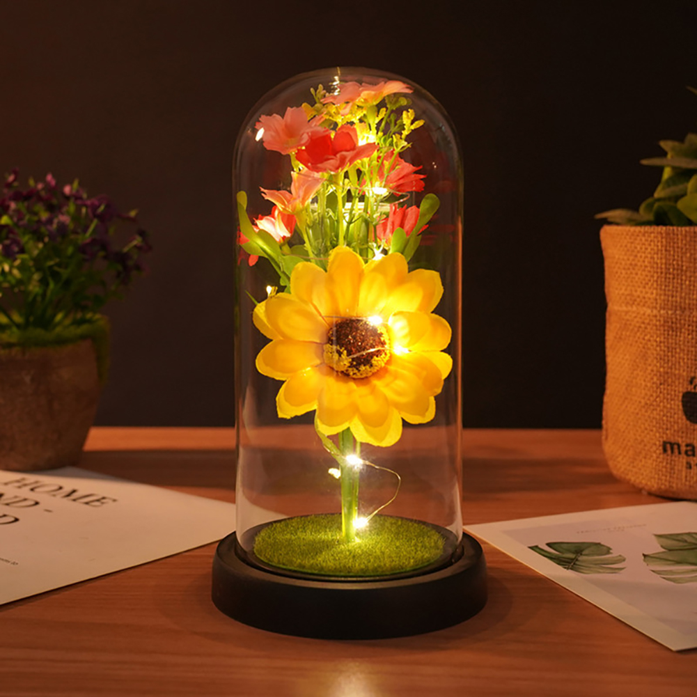 Gift For Girlfriend Simulation Rose Sunflower Glass Cover Creative Decoration Gift For Valentine's Day Gift sunflower