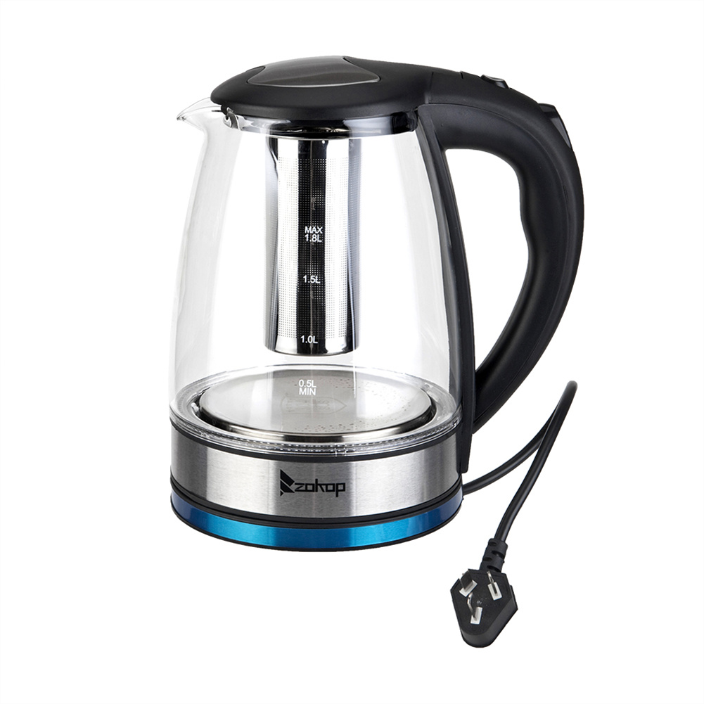 [US Direct]  ZOKOP HD-1861-A 110V 1500W 1.8L  Electric Glass  Kettle With Filter black