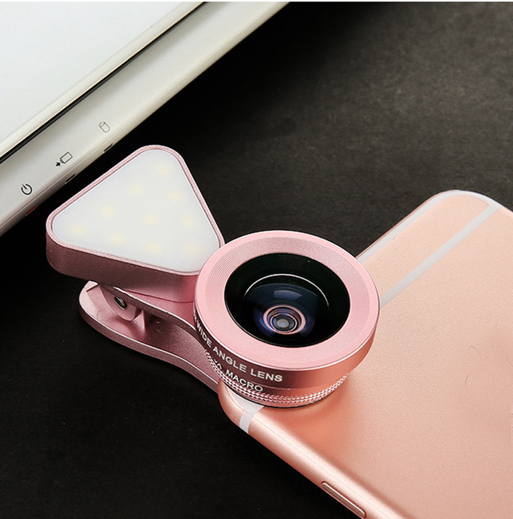 3 in 1 LED Selfie Flash Light Beauty Phone Lens Fill Light 0.4-0.6X Wide Angle 10X Macro Lens Rose gold