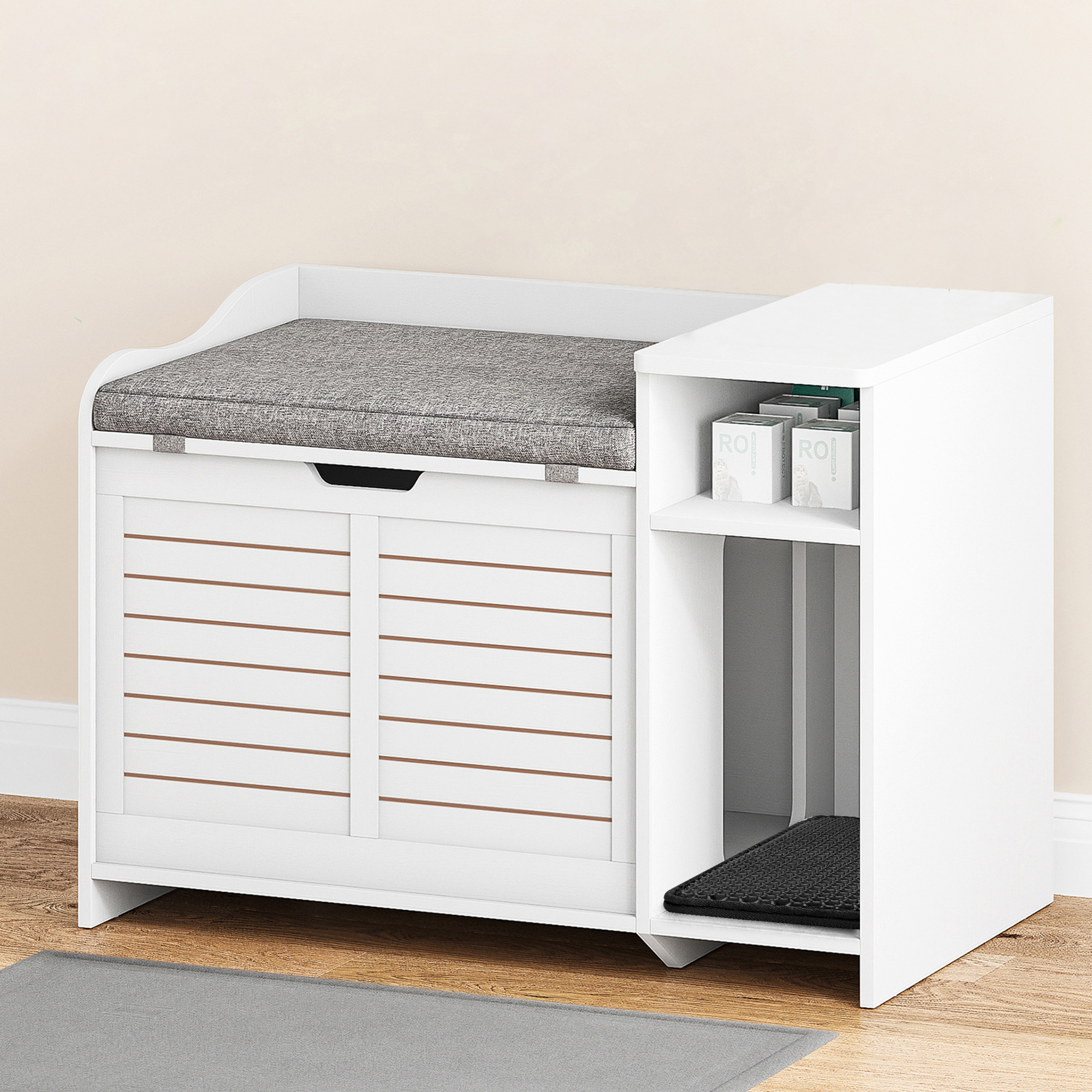 US GARVEE Cat Litter Box Enclosure with Top Opening, Cushion, Hidden Design, Privacy Cabinet,Easy Assembly, Multi-Purpose,White
