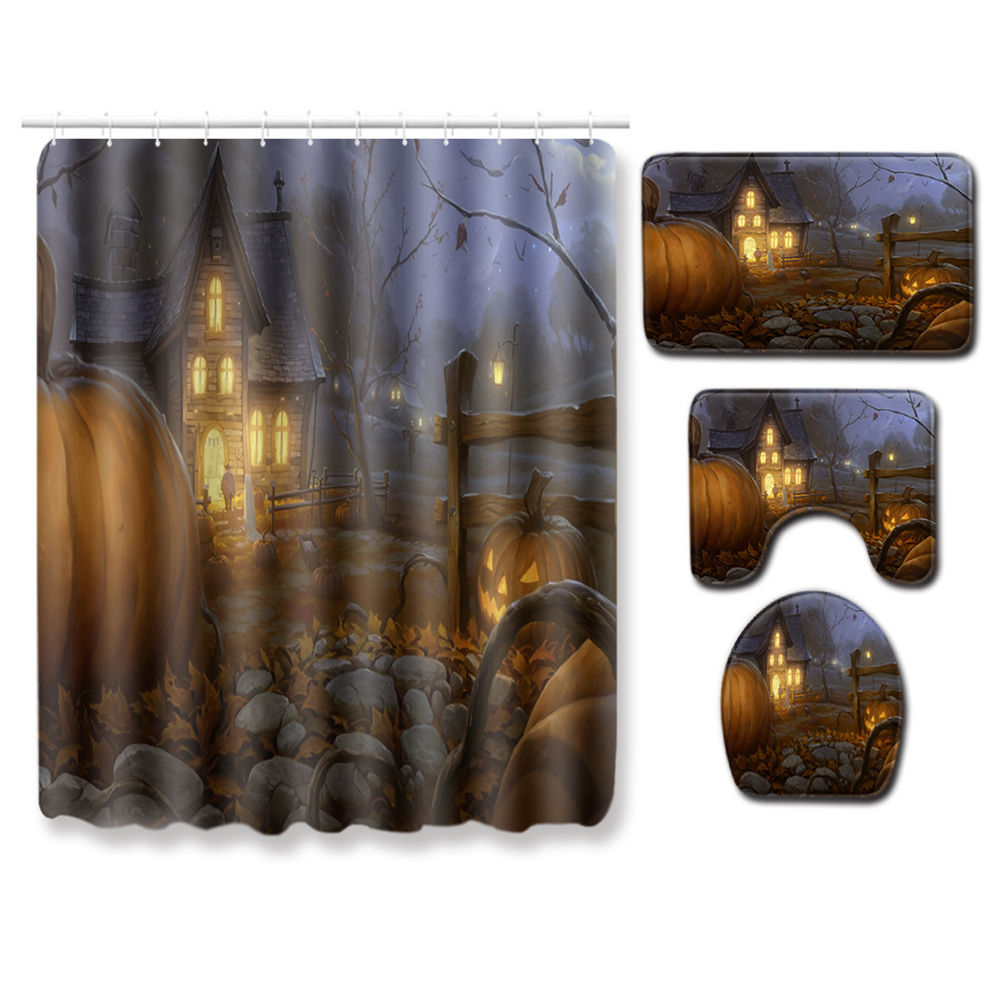 4pcs Set Halloween Series Toilet Cover Mat Non Slip Rug Bathroom