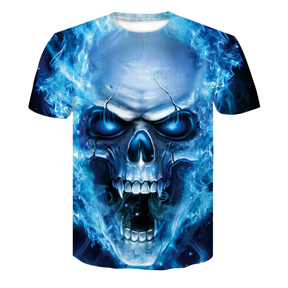 Unisex Delicate 3D Skull Printing Round Collar Fashion T-shirt Blue skull _L