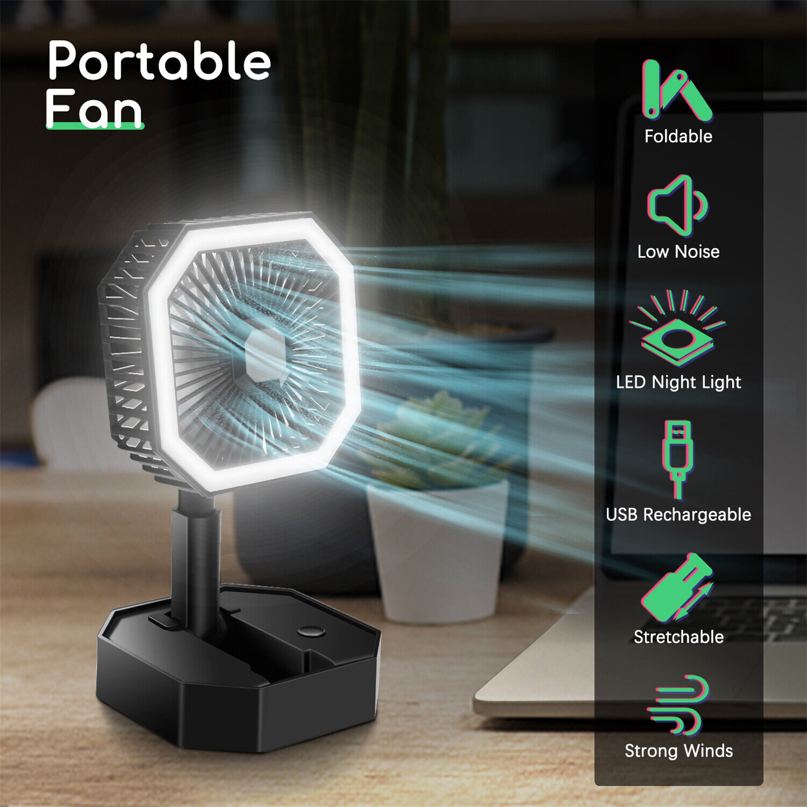 2-in-1 Mini Cooling Fan with Led Light Portable Foldable Usb Rechargeable