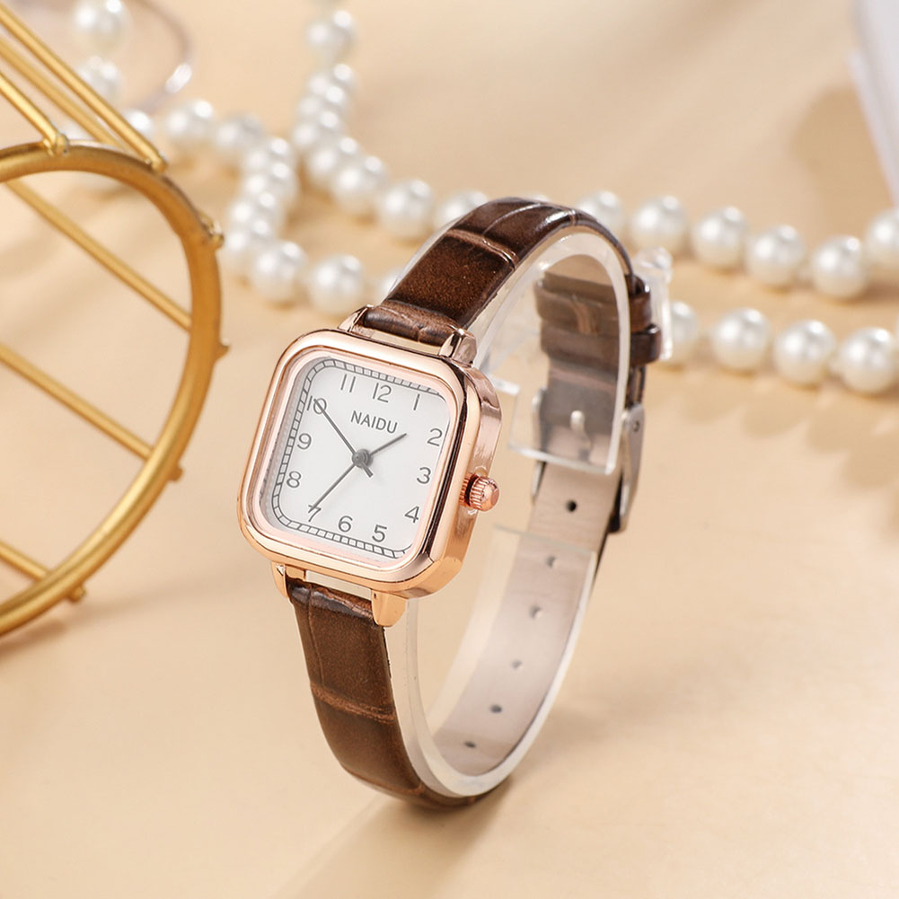 Vintage Small Square Dial Watch with Leather Band Women Fashion Quartz Watch