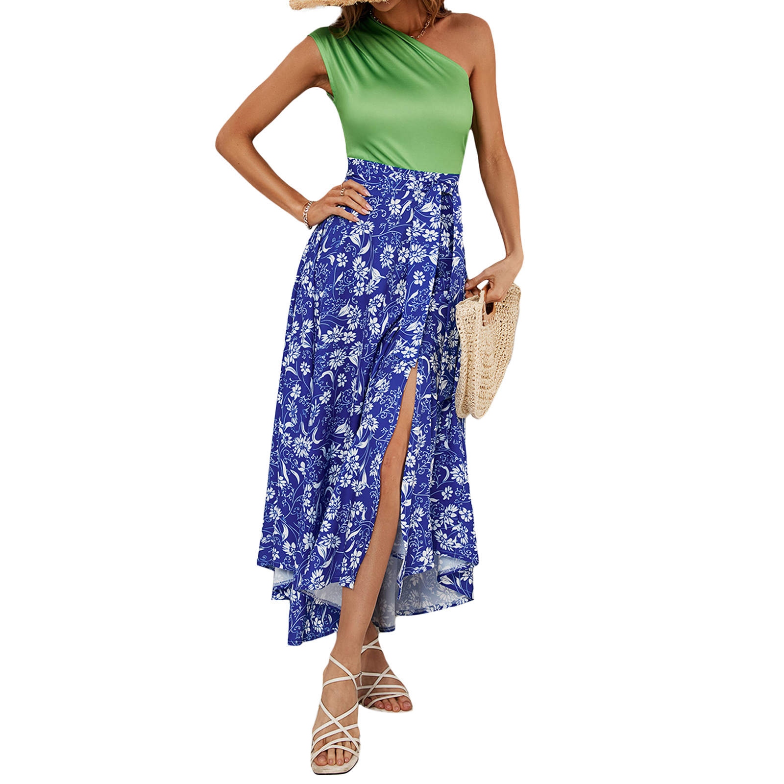 Women One Shoulder Dress Fashion Printing High Waist Long Skirt Elegant Sleeveless Split Dress For Party As shown L