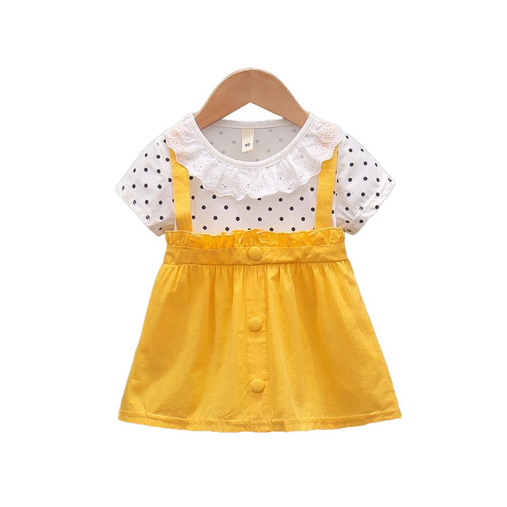 Baby Girls Summer Dress Polka Dot Print Round Neck Short Sleeve Princess Dresses Fake Two Pieces yellow 24-30M 100