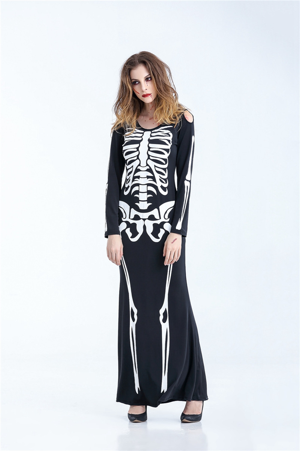 Halloween Skeleton Ghost Zombie Long Dress for Masquerade，Party or Stage Showing Costume