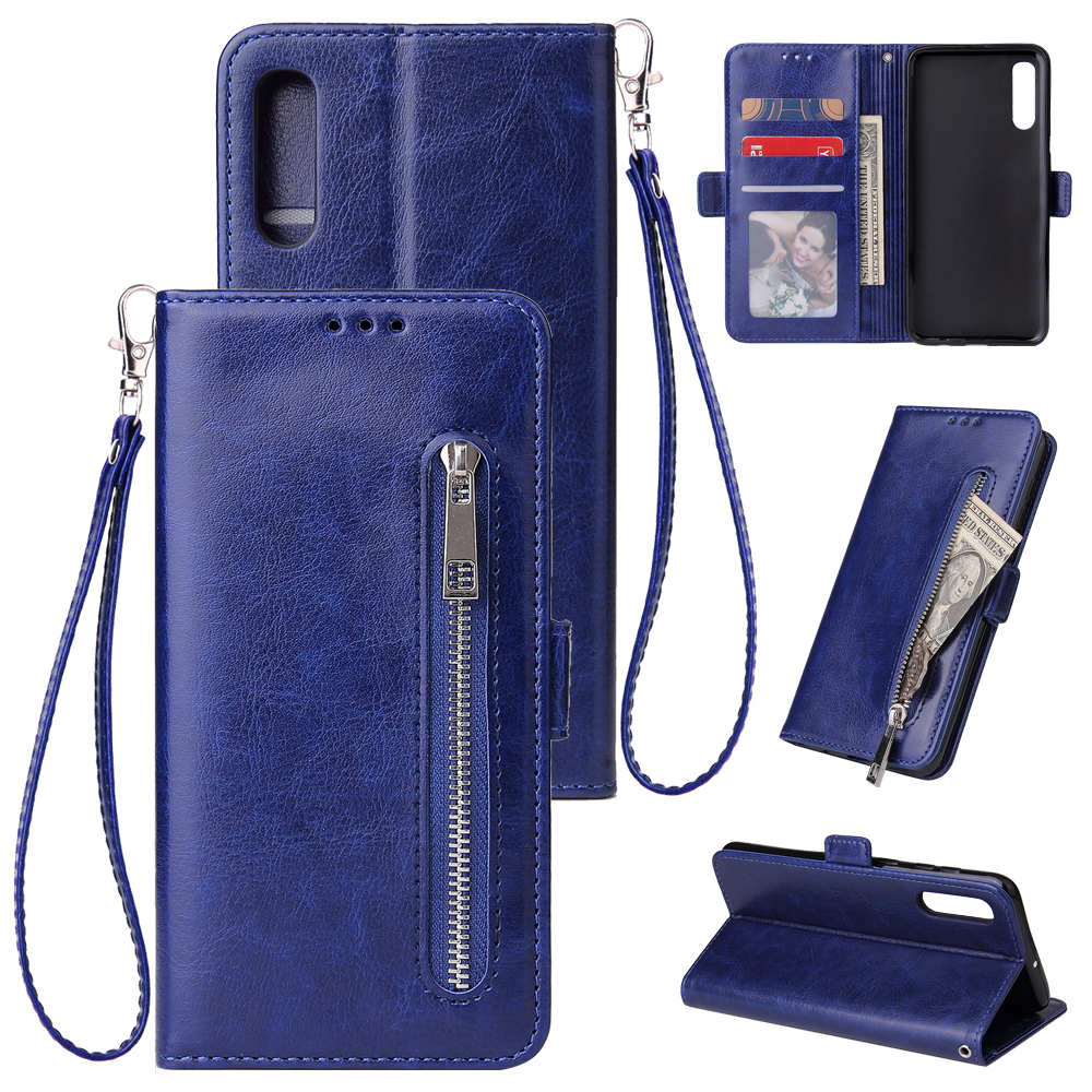 For Samsung A50 Solid Color PU Leather Zipper Wallet Double Buckle Protective Case with Stand & Lanyard blue